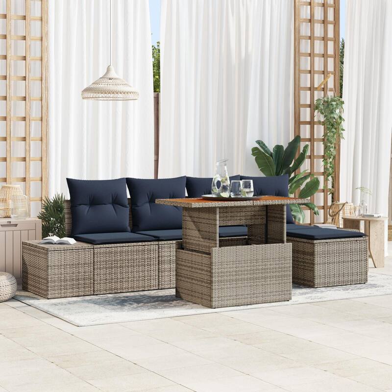 vidaXL 6 Garden Sofa Set with Cushions Black/Grey Poly Rattan - 115.8 x 46.1 x 27.2 - Grey