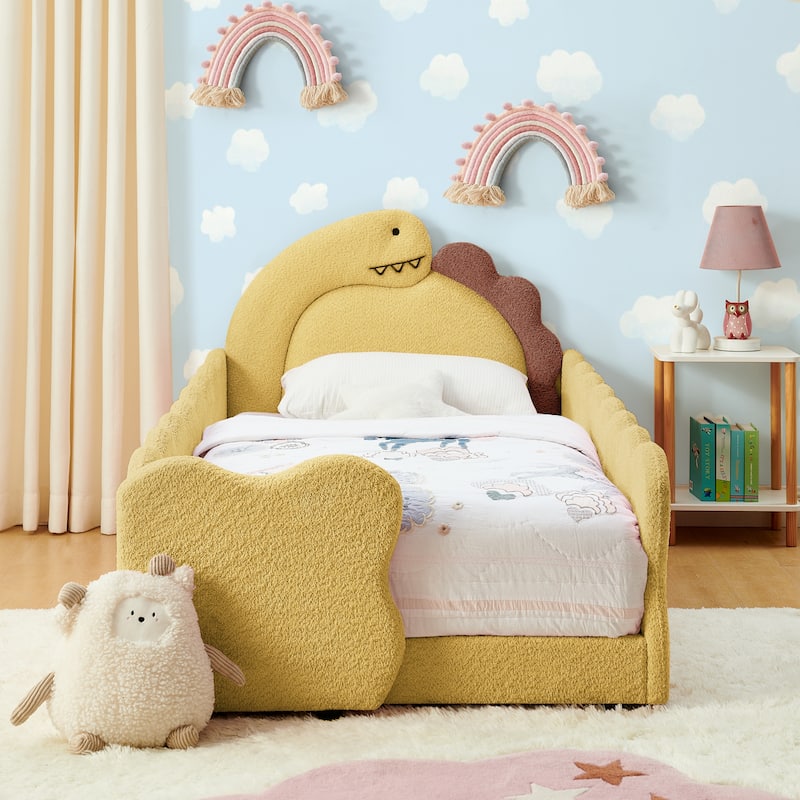 Twin Dinosaur-Shaped Kids Bed with Safety Guardrail - Solid Wood Toddler Bed Frame in Boucle Fabric - Honey - Twin