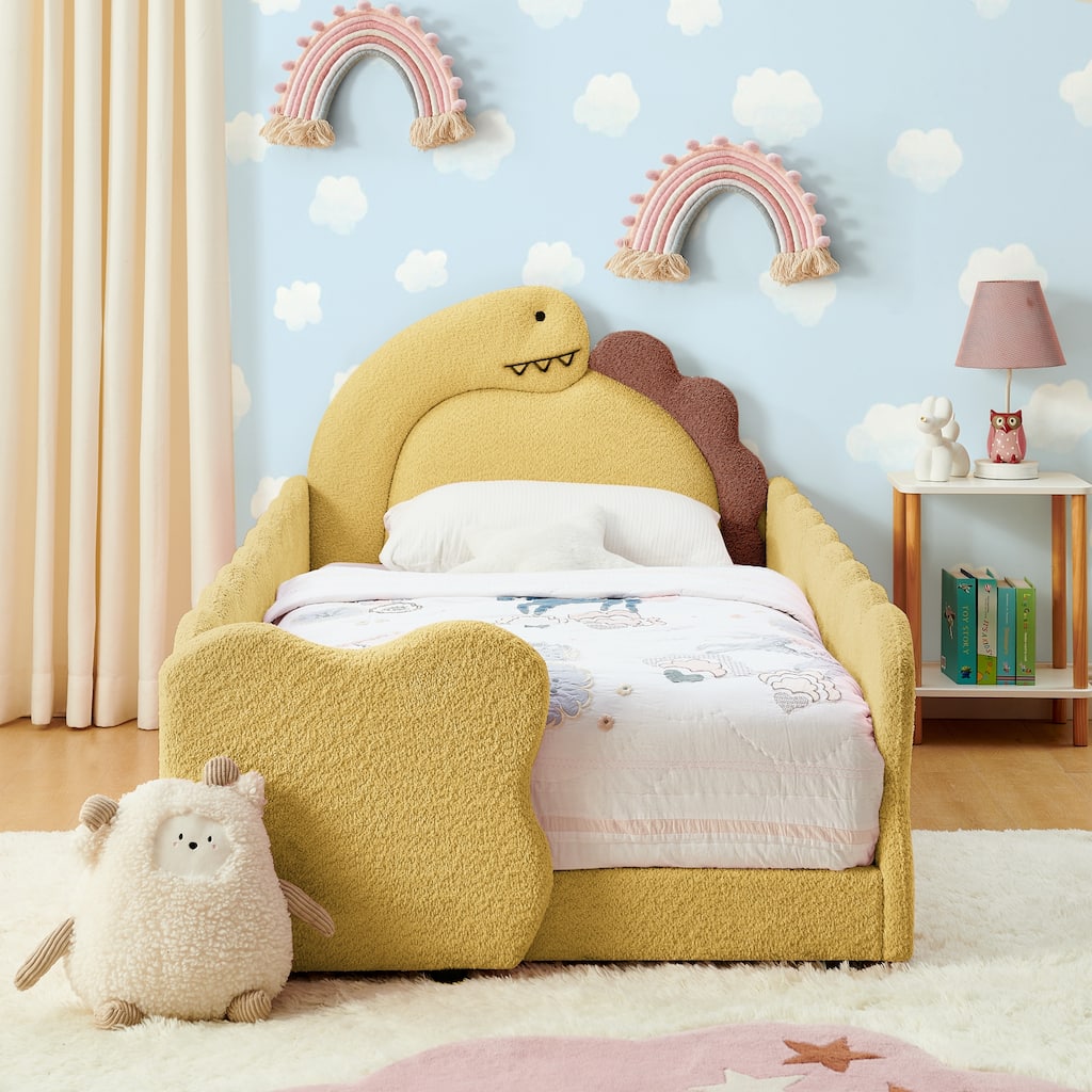 Twin Size Cute Dinosaur-Shaped Kids Bed with Safety Guardraild, Solid Wood Toddler Bed Frame for Children, Boucle Fabric