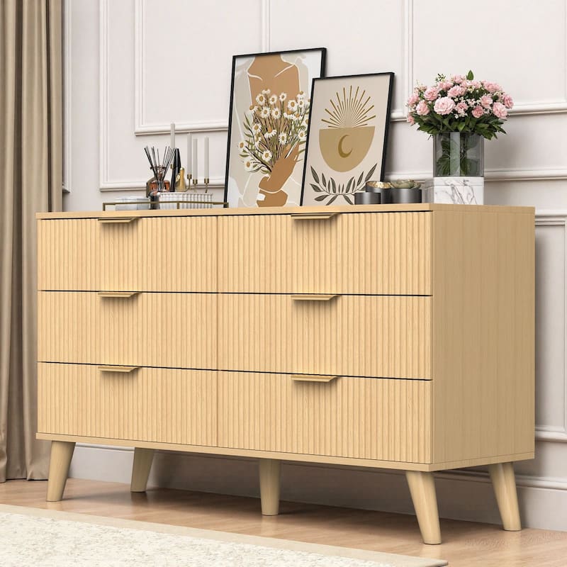 Meyreso Modern Boho Wave Wood Dresser, Wide Storage Cabinet - Oak - 6-drawer