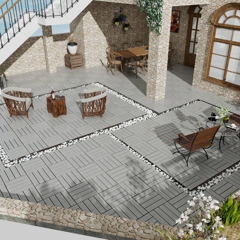 Patio Floor Tiles Pack of 22 WPC Wood-Plastic Composite Patio Deck Tiles DIY Interlocking Decking Tiles-11.8" ASH