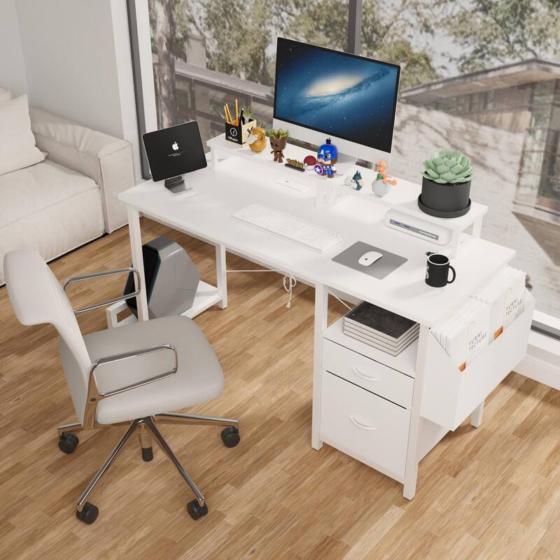 Anmytek Sturdy Office Desk with Power Outlet 2 Monitor Stands 2 Drawers Side Pocket Reversible Frame - White