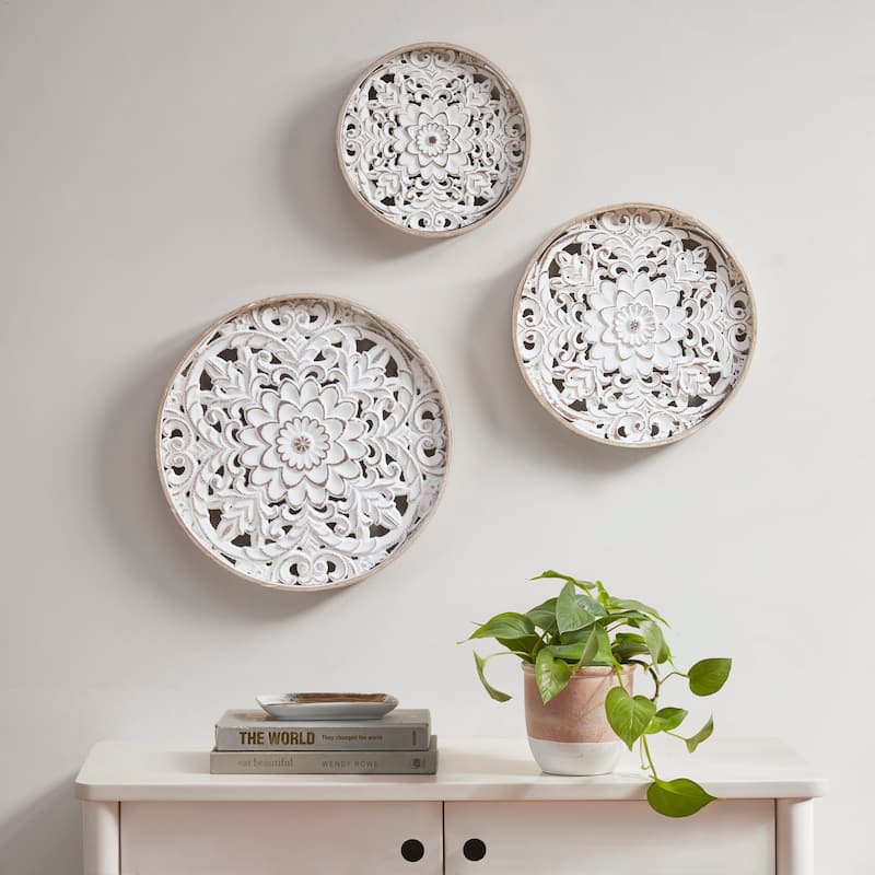 Madison Park Medallion Trio Distressed White Floral 3-piece Carved Wood Wall Decor Set - Natural/White