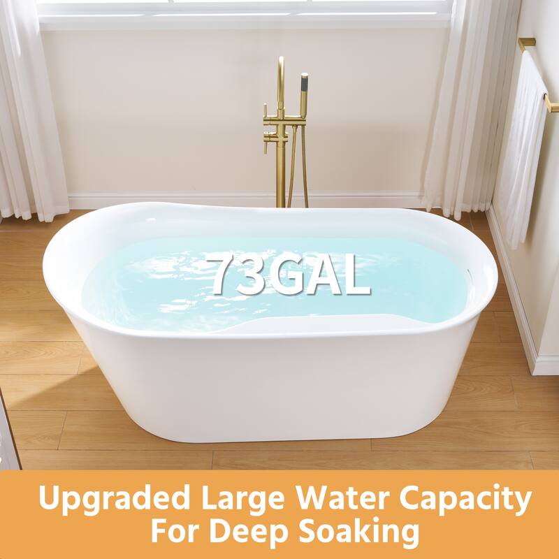 66'' W,73 GALLONS Freestanding Acrylic Soaking Bathtub With Drain And Overflow Holes