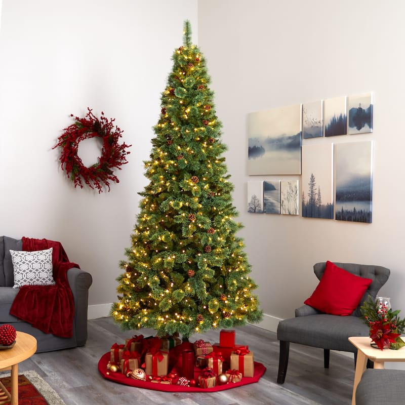 9’ Pre-Lit Mountain Pine and Pinecones Artificial Christmas Tree, Warm Clear LED Lights - 9 Foot