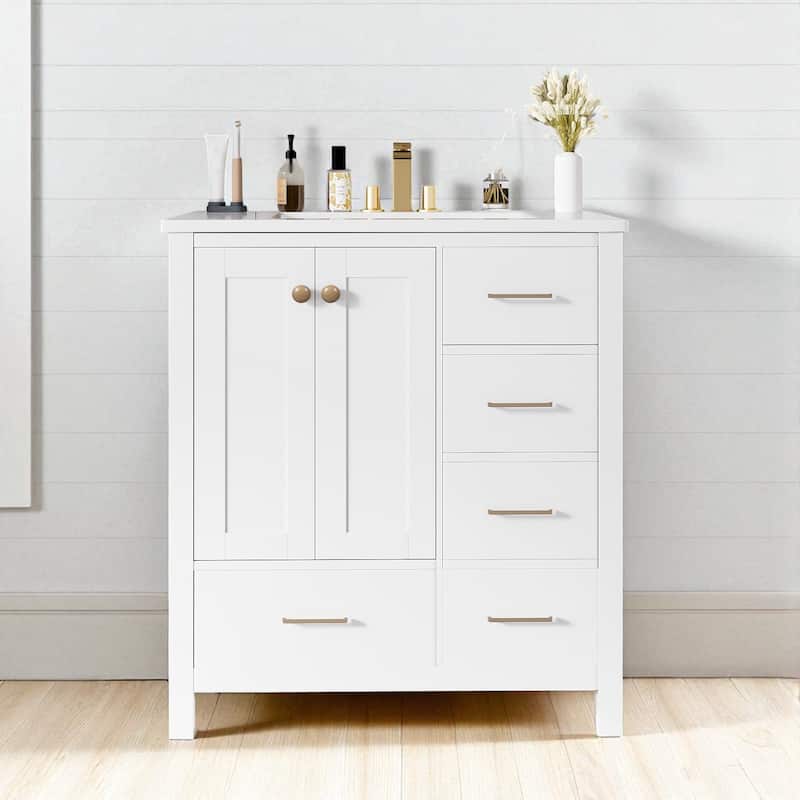 30" Freestanding Bathroom Vanity with Ceramic Sink Solid Wood Frame 4 Drawers and Soft Close Doors - White
