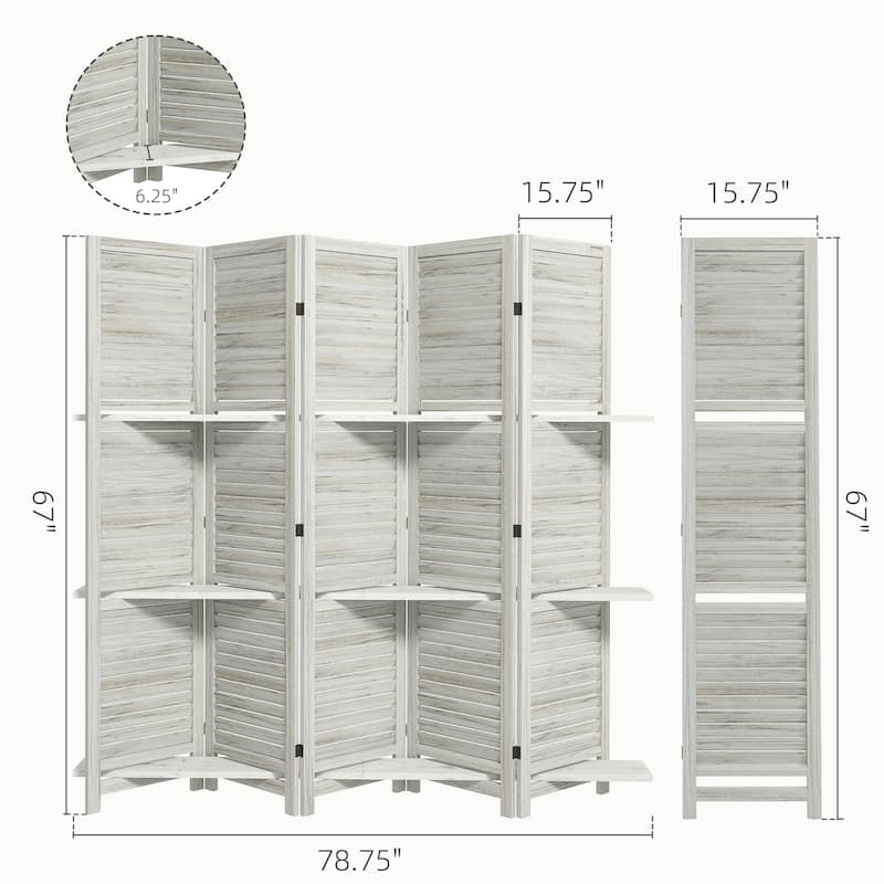 HOMCOM 5 Panel 67" Tall Wood Room Divider, Privacy Screen with 3 Display Shelves, and Folding Storage for Bedroom or Home Office