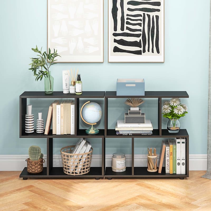 2PCS 2-Tier Wooden Bookshelf Free Standing S-Shaped Shelf Storage