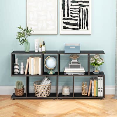 2PCS 2-Tier Wooden Bookshelf Free Standing S-Shaped Shelf Storage