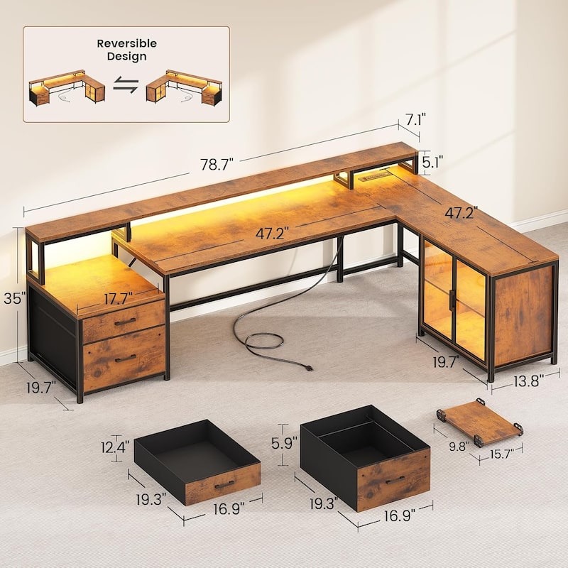 L Shaped Gaming Desk Drawers Computer Desk with Display Cabinet