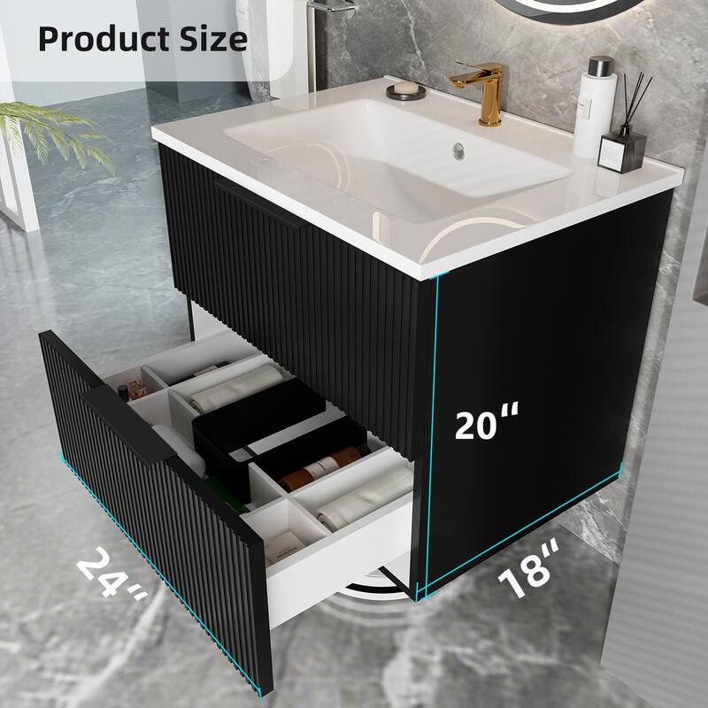 24" Floating Bathroom Vanity with Ceramic Sink - Wall Mounted Fluted Vanity Cabinet with Drawers, for Small Bathrooms