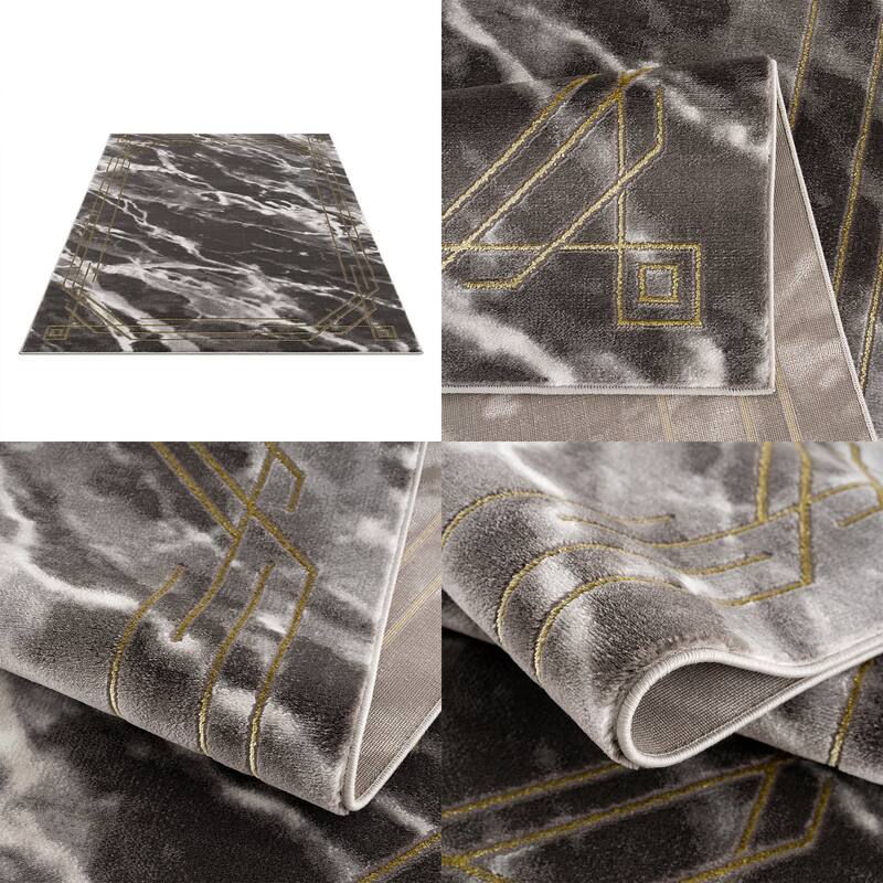 Modern Minimalistic Marble Abstract Grey Charcoal Gold Bordered Area Rug Living Room Bedroom Carpet 4x6 5x8 6x9 8x10