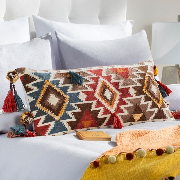 Dharma Wool Boho Tassel Lumbar Throw Pillow. Opens flyout.