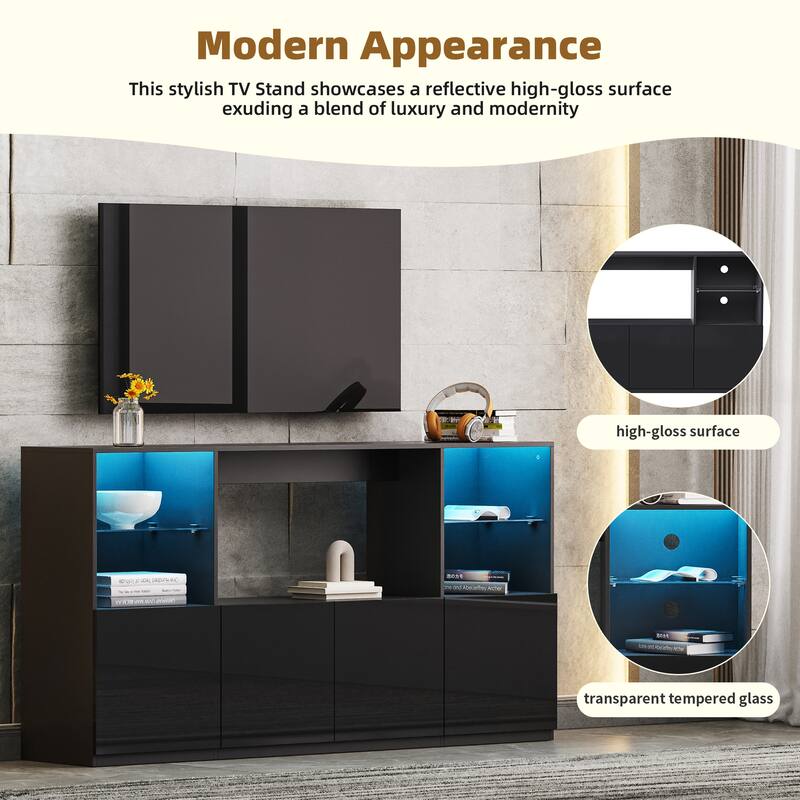 Black 67" TV Stand with LED, Large Cabinet & Tempered Glass Shelves for TVs Up to 75"