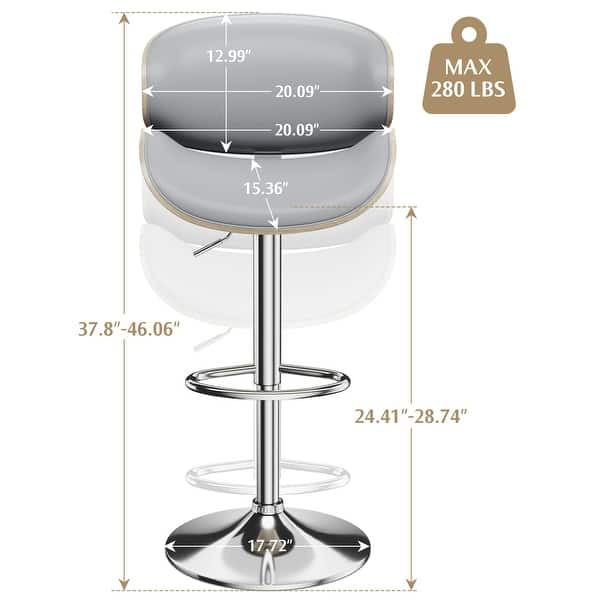 dimension image slide 1 of 12, Bar Stools Adjustable Height Swivel Faux Leather Armless Barstools