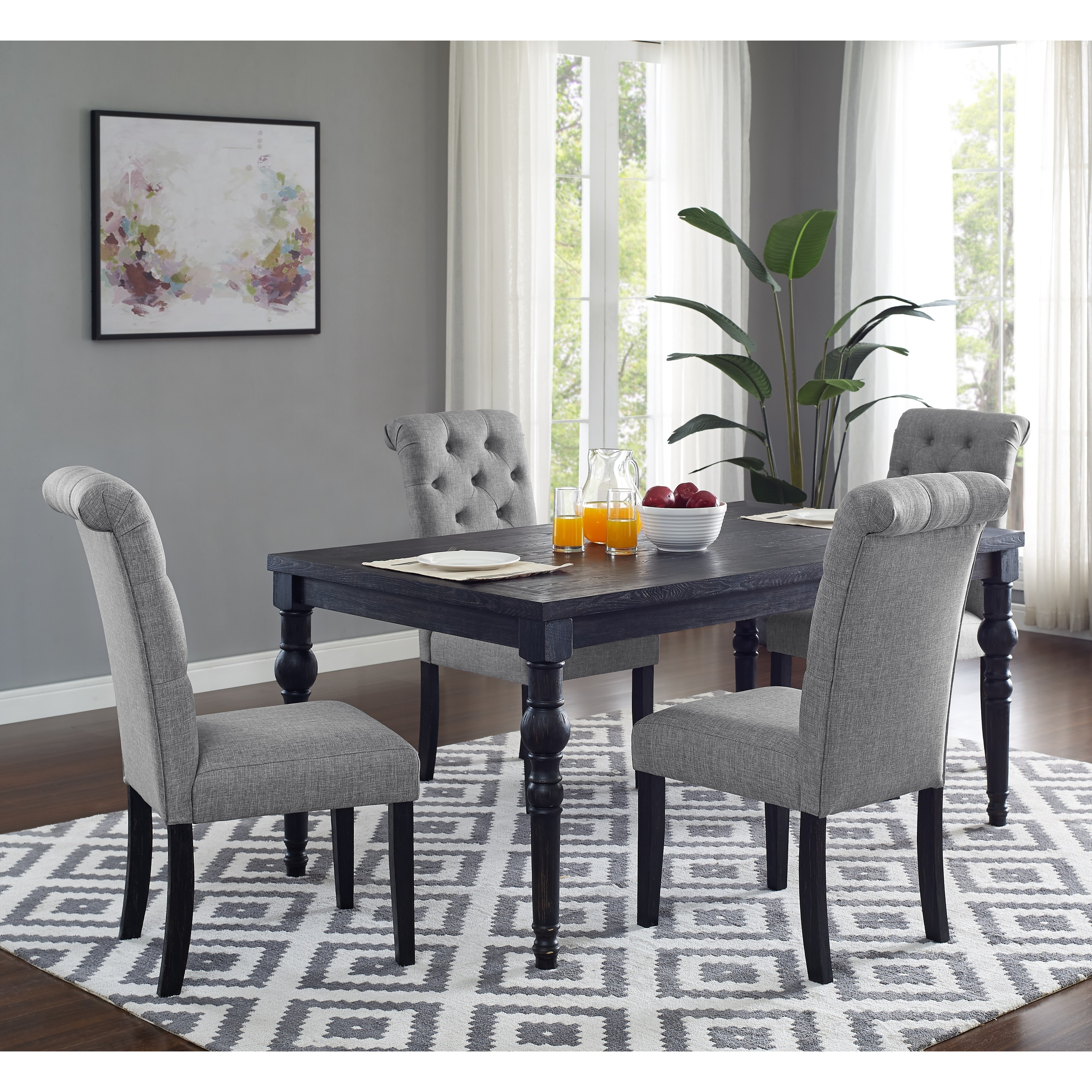 5 Piece Wooden Dining Table Set, Kitchen Dining Room Furniture Set with Rectangular Dining Table and 6 Upholstered Chairs