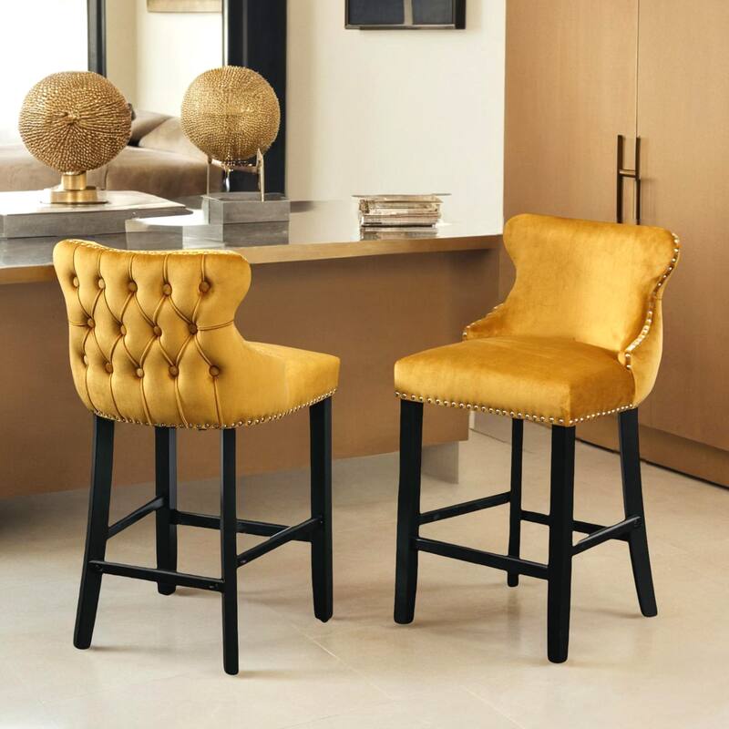 Velvet Upholstered Wing-Back Barstools and Wooden Legs, and Chrome Nailhead Trim, Leisure Style Bar Chairs,Bar stools，Set of 2