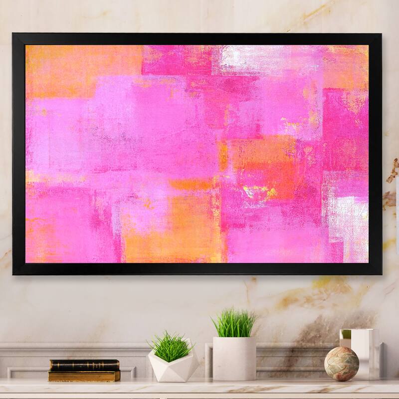 Designart "Pink And Orange Colorfields II" Modern Framed Art Print - 12 In. Wide x 8 In. High - Black