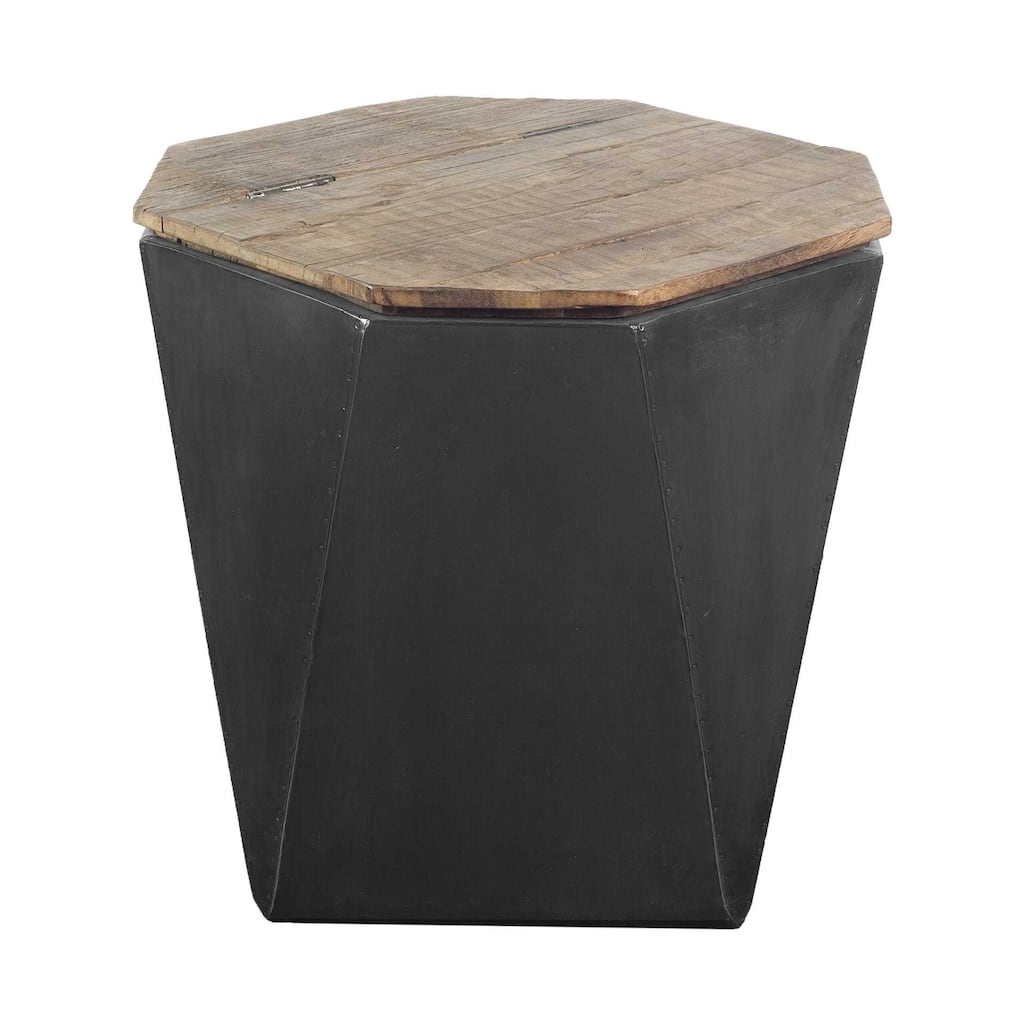 Brown Solid Wood Hexagon Top End Table with Black Metal Abstract Base - 19.3” x 19.3” x 20.9” (D x W x H)