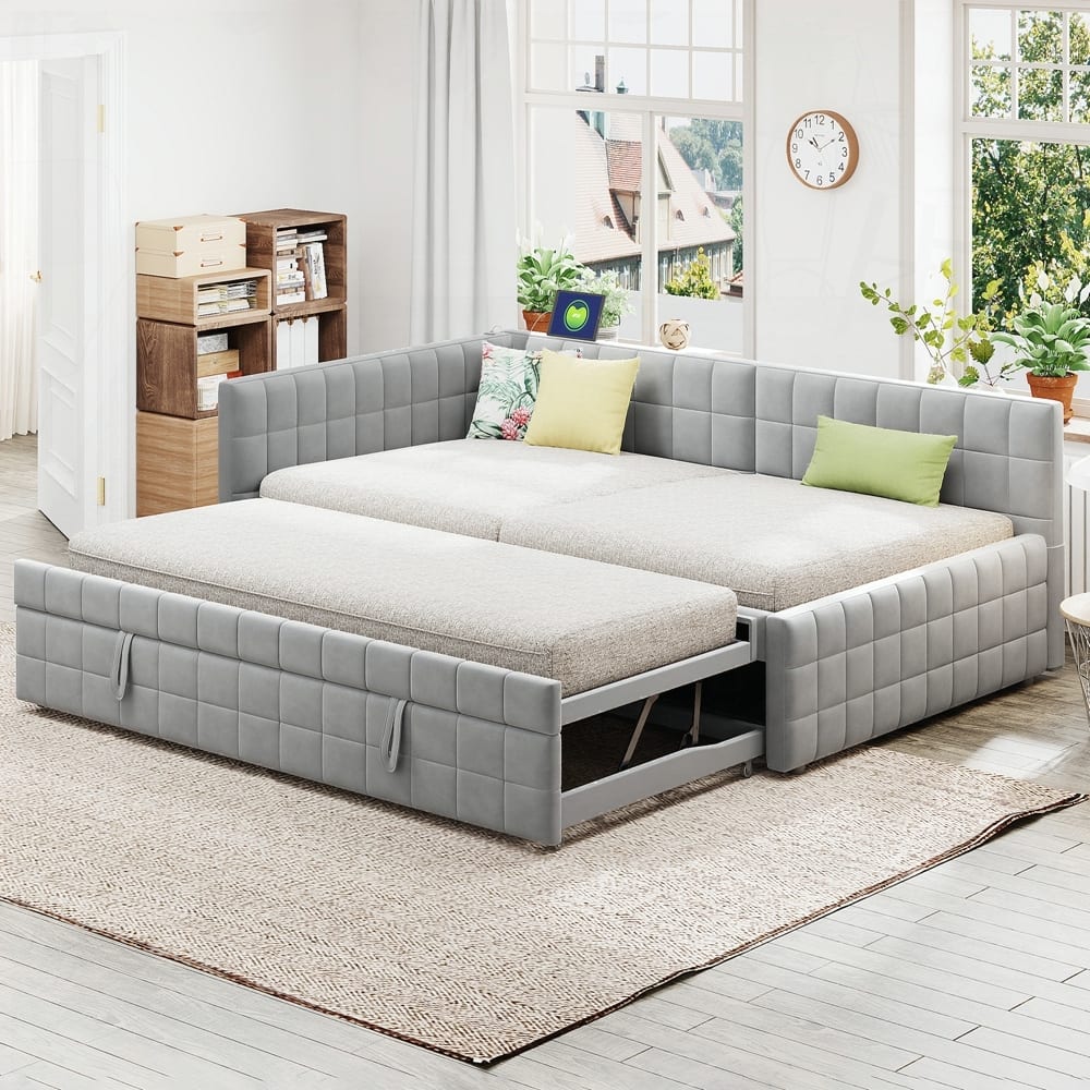 Upholstered L-Shaped Upholstered Daybed with Twin Size Pop Up Trundle and USB ports