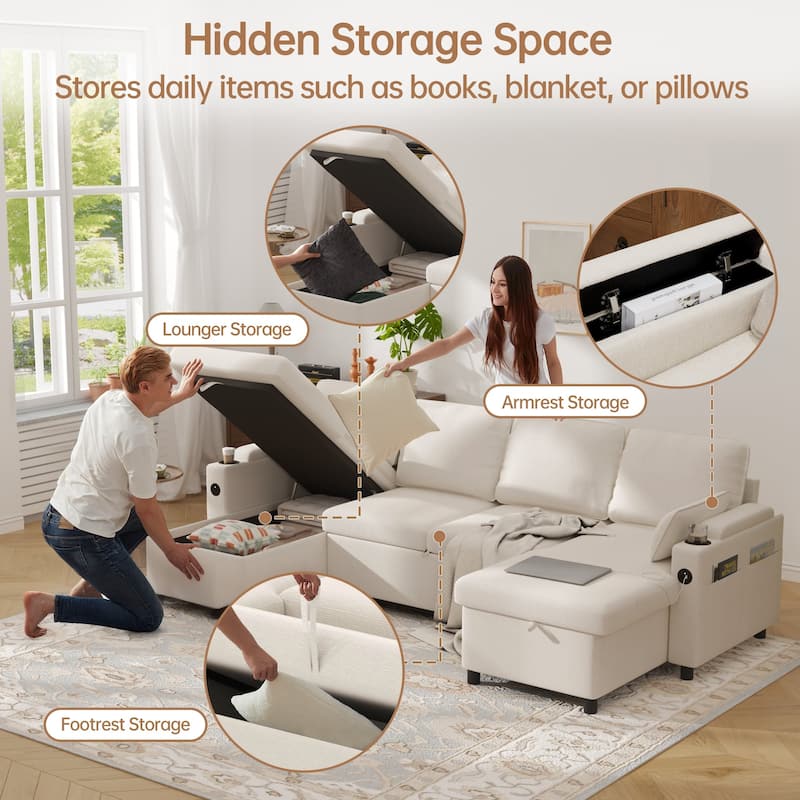 Convertible Sleeper Sofa 3-in-1 Pull Out Sectional Sofa Bed L/U-Shaped Couch with Storage Chaise