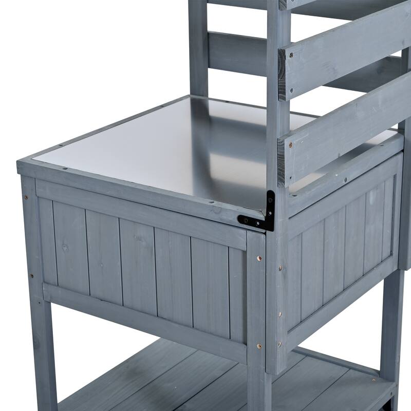 Solid Wood 62.3'' Patio Kitchen Island Kitchen Cart with Stainless Table Top, Garden Potting Bench with Raised Shelf and Drawers