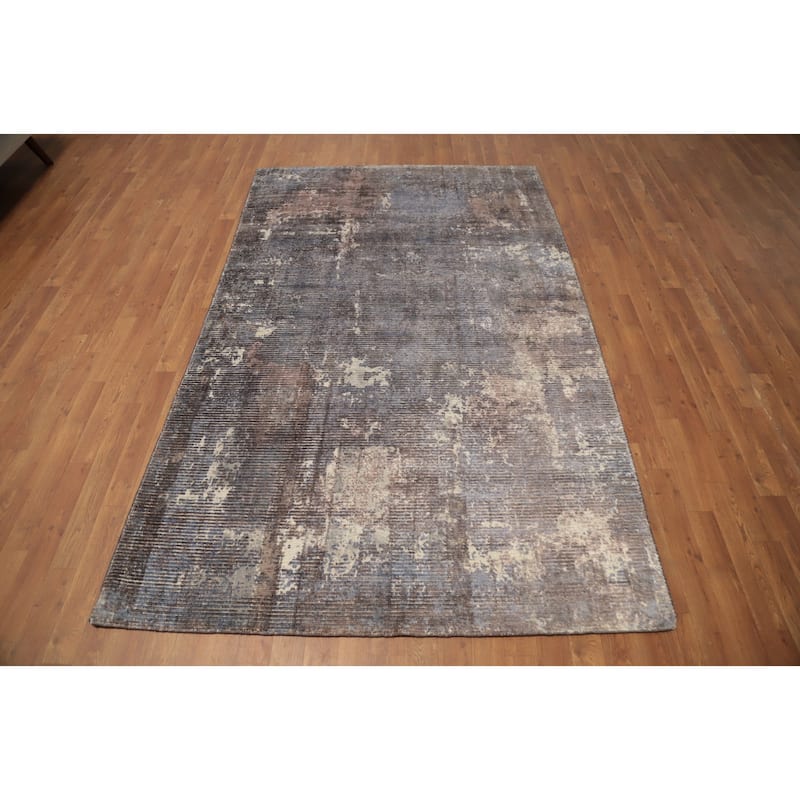 Hand Knotted Oriental Viscose Silk Carpet Modern All-Over Greys & Charcoal Abstract Area Rug - 7' 11'' X 5' 0''