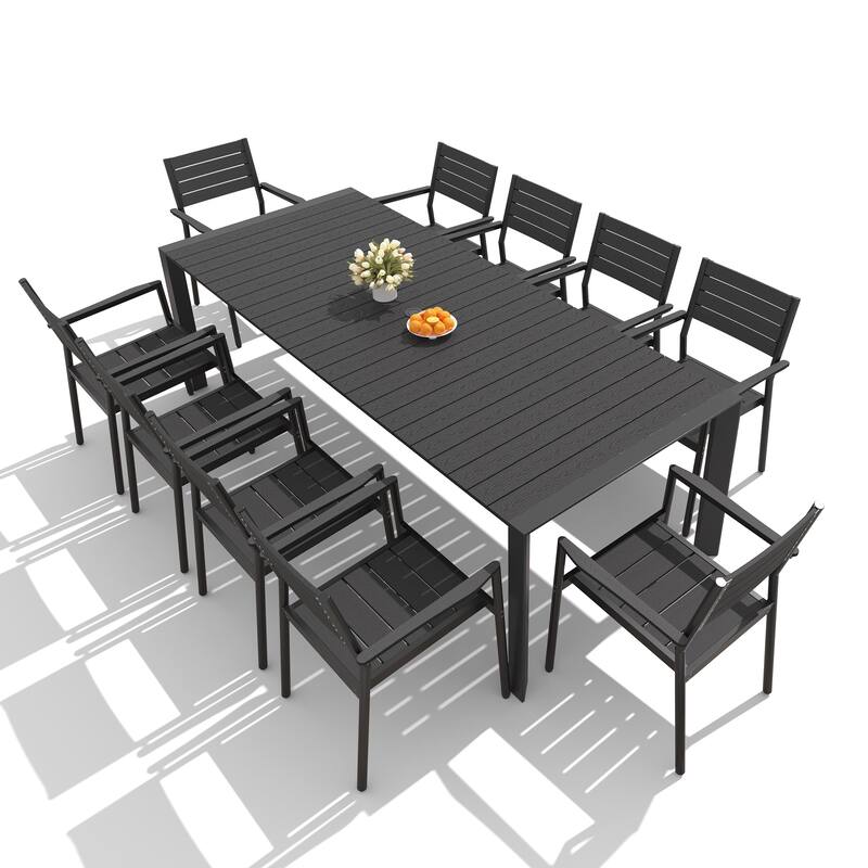 7/9/11-Piece Set Outdoor Aluminum Dining Table with Umbrella Hole and Stackable Dining Chairs