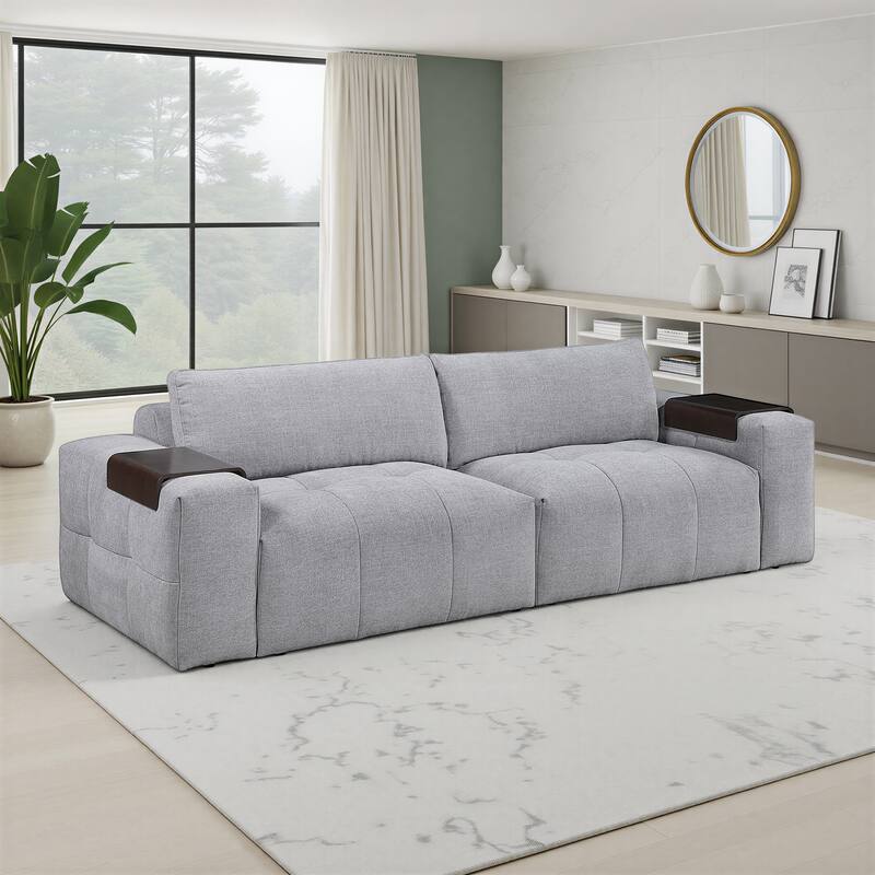 Mackay 110" Textured Fabric 2-Seater Loveseat with Wooden Armrest Tray