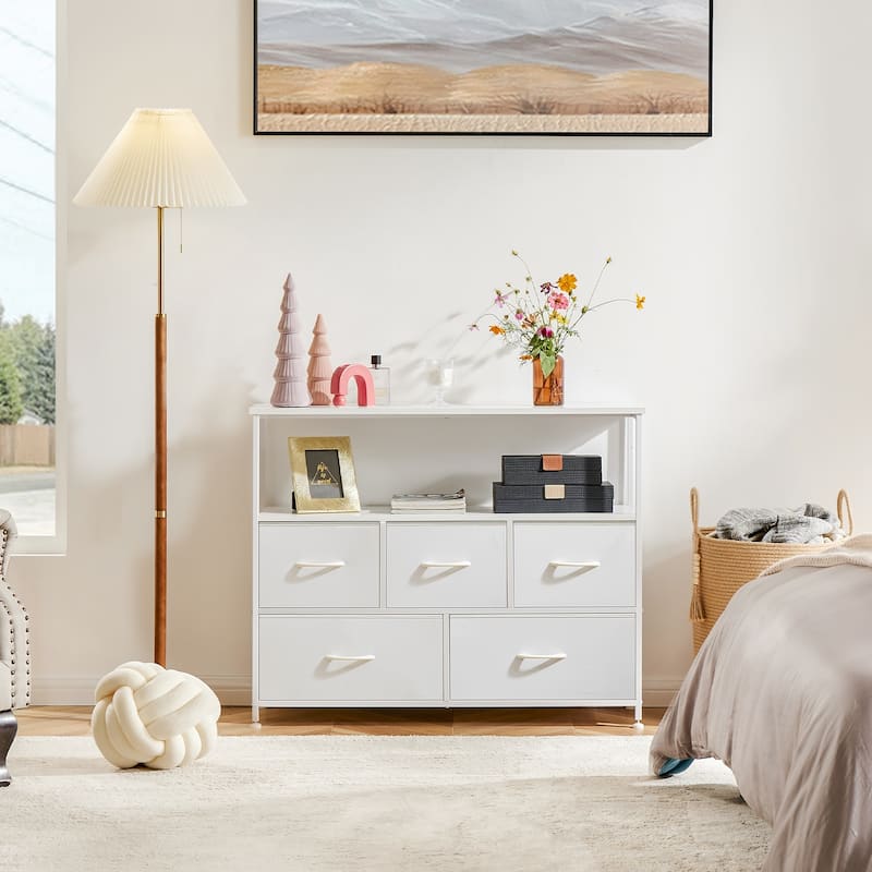 5 Fabric Drawers Dresser for Bedroom TV with Open Storage Shelf