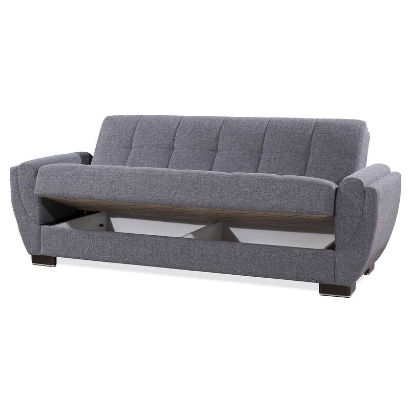 HomeRoots 93" Gray Chenille Convertible Futon Sleeper Sofa And Toss Pillows With Storage