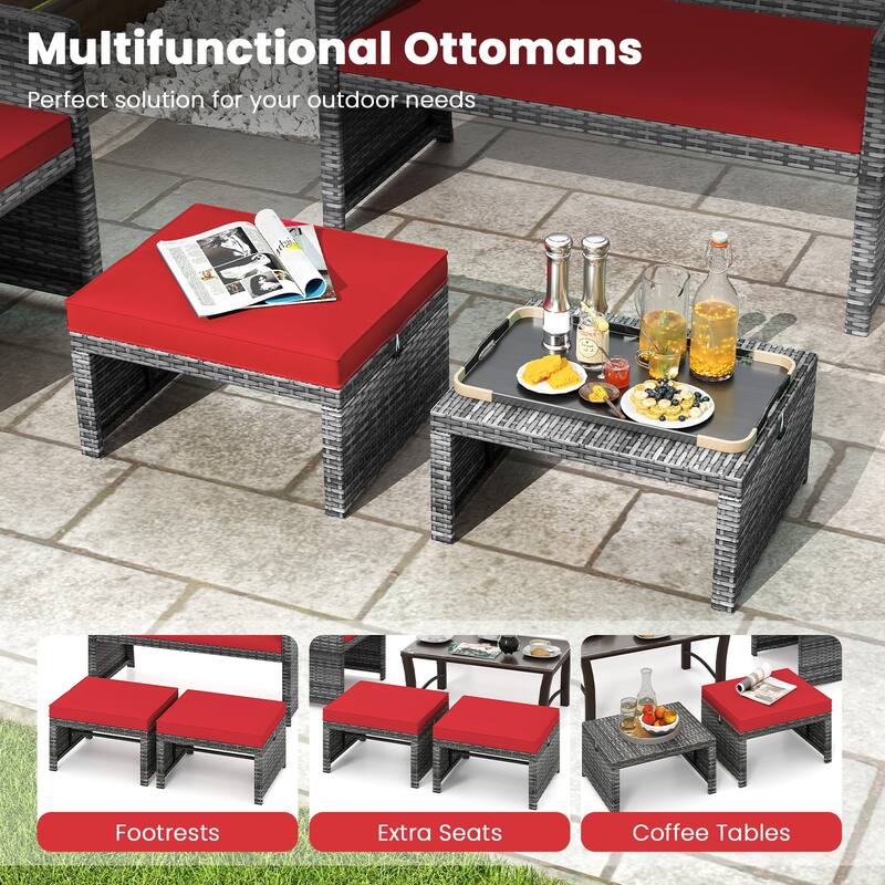 Gymax 2 Pieces Patio PE Rattan Ottomans with Soft Zippered Cushions