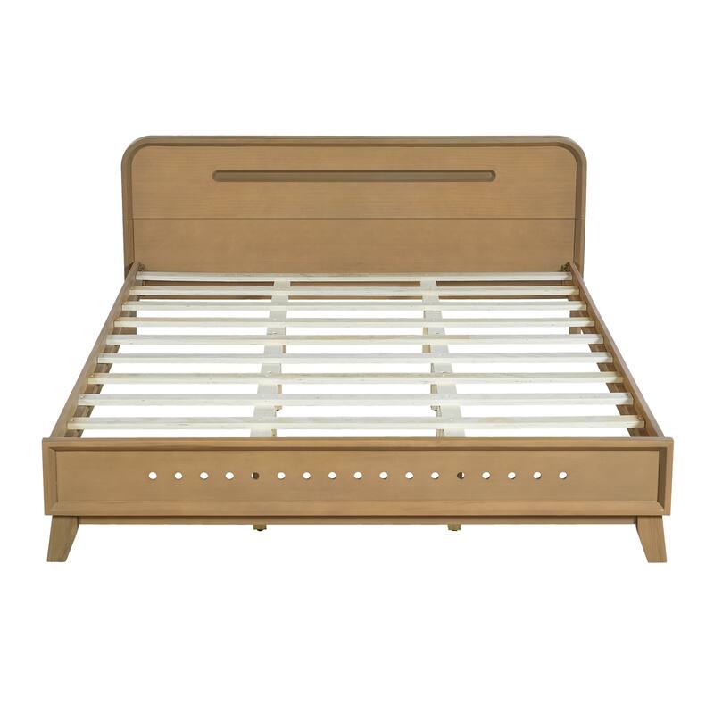 Rustic Pine Wood Bed Frame Low-Profile Platform Bed with Panel Headboard Solid Wood Slat Support and Extra Wide Thickened Legs