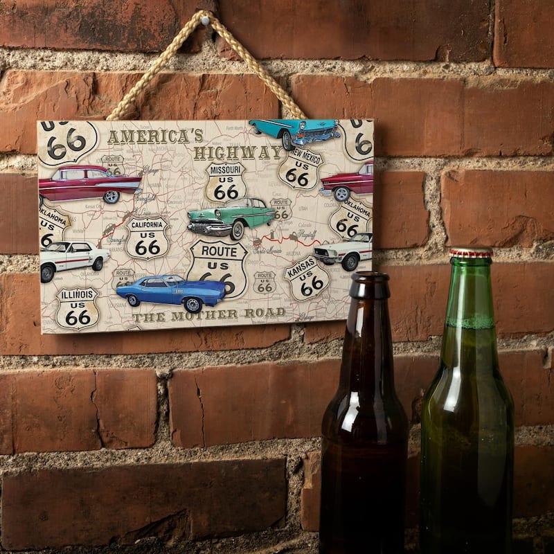 Route 66 Map Decorative Hanging Wood Sign 9.5” by 5.75” Made in the USA Includes Attractive Braided Rope Hanger - Multi