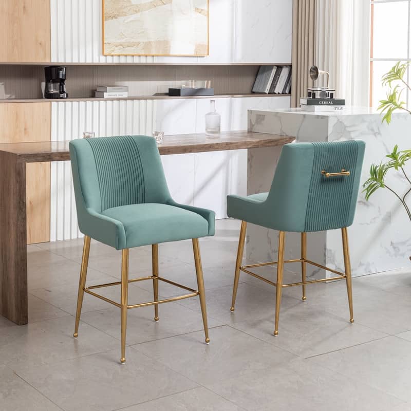 Modern Velvet 39'' H Metal Leg Counter or Bar Stools Set of 2 - Green