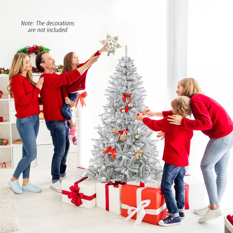 Gymax 6/7/8 FT Snow-flocked Artificial Christmas Tree w/51/65/81 - Green+White