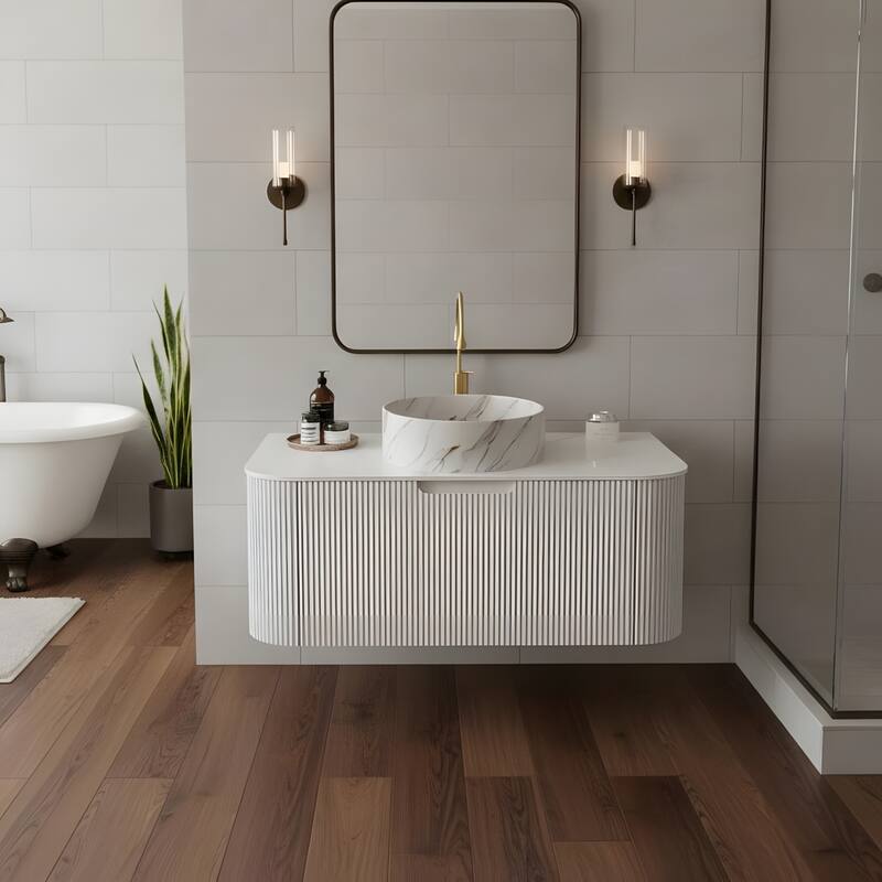 Floating Bathroom with Round Ceramic Basin and Storage Drawer - 36 - White