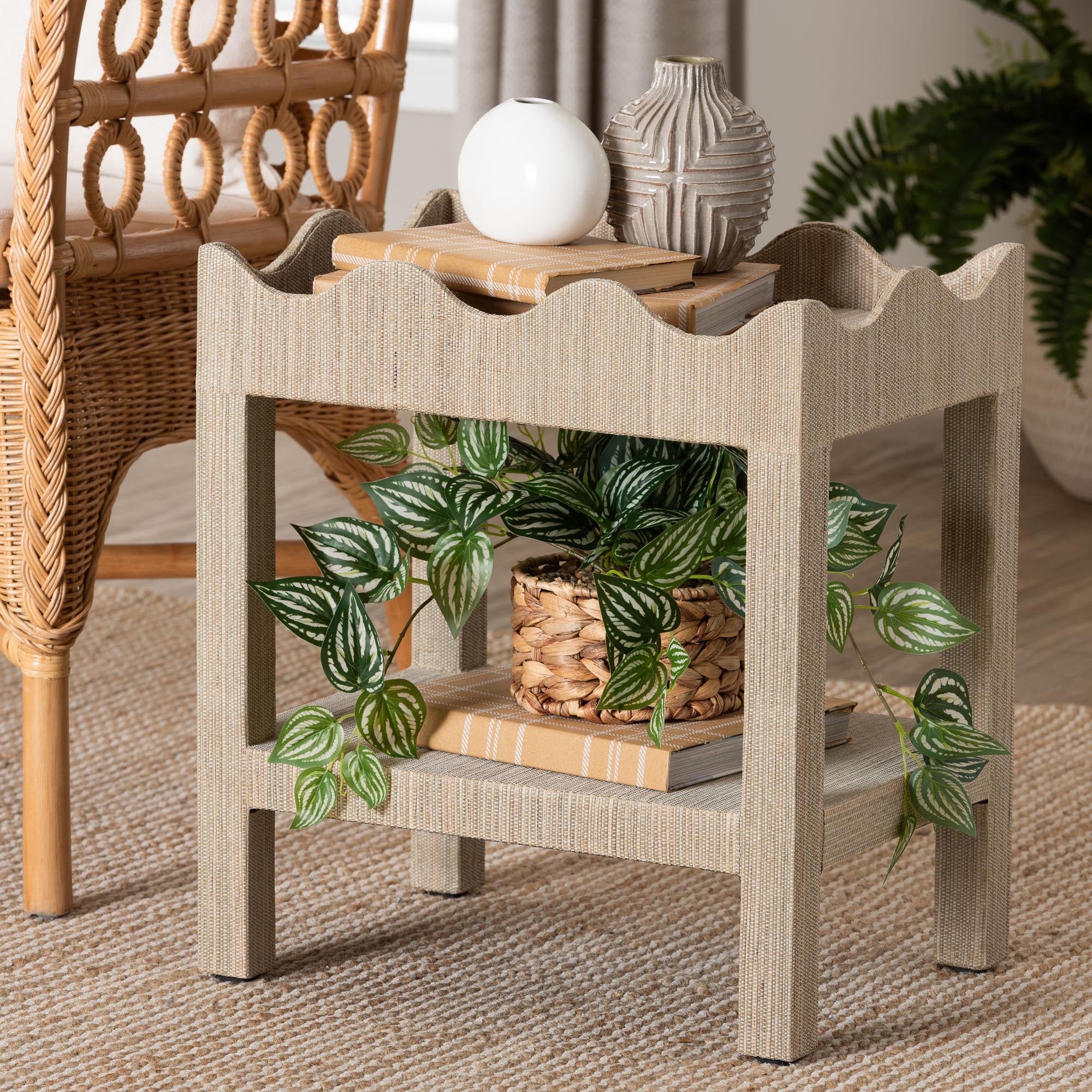 Sebastian Grasscloth Scalloped End Table - 2-Tier Accent Table with Open Shelf Storage for Living Room, Bedroom, or Entryway