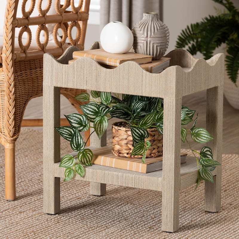 Sebastian Grasscloth Scalloped End Table - 2-Tier Accent Table with Open Shelf Storage for Living Room, Bedroom, or Entryway