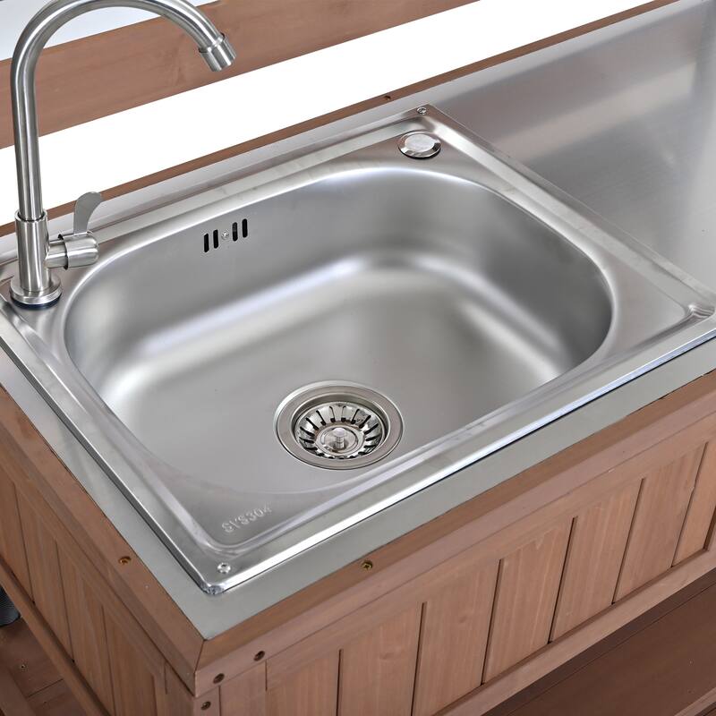 41.7'' Rolling Outdoor Kitchen Island, Solid Wood Kitchen Cart with Sink and Stainless Table Top