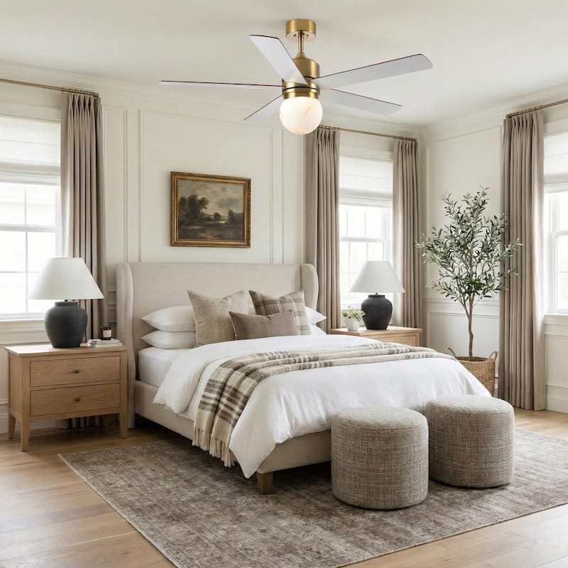 52" Modern Brushed Gold Bubble Glass Alabaster Reversible Ceiling Fan with Light and Remote