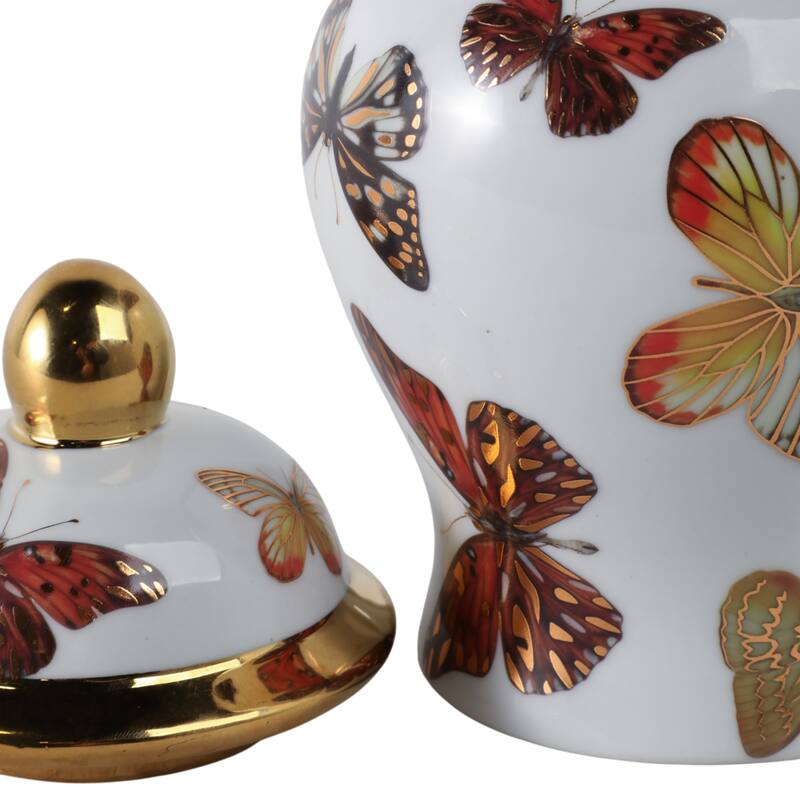 Ceramic Decorative Temple Jar with Lid and Metallic Butterfly Motif