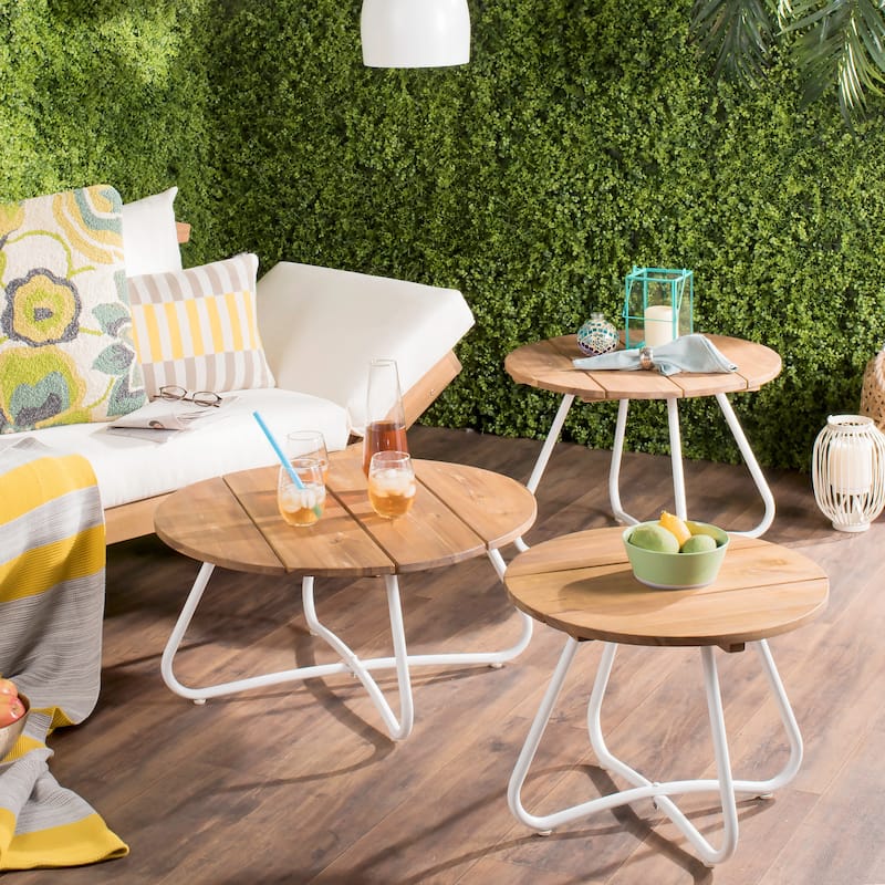 SAFAVIEH Outdoor Ashtyn 3-Piece Wood Top Coffee Table - 28W x 14D x 28H - Natural/White