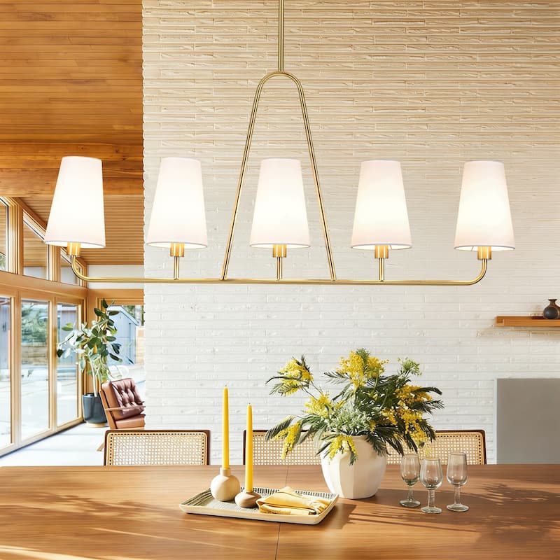 5-Light Mid-Century Modern Linear Pendant Light in Brass Finish White TC Fabric Shade for Dining Room and Kitchen Island - Gold/White - 42.9 in. W x 20.3 in. H x 5.5 in. D