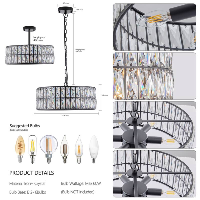 18" Golden Modern Crystal Drum Chandelier, 6-Light Pendant Lighting Fixture Metal Frame for Living Room, Dining Room and Bedroom