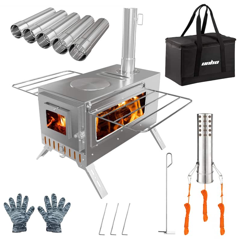 Portable Camping Tent Stove Stainless Steel Outdoor Cooking Heater Log Burner Wood Burning