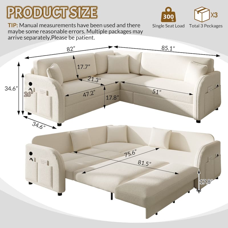 GDFStudio - 85.1" Teddy Upholstered L-Shaped Sleeper Sofa with USB & Side Pocket