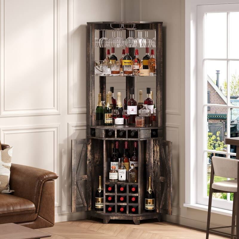 72" Tall Farmhouse Bar Storage Cabinet with Barn Door, Acrylic Mirror and Glass Rack - Walnut