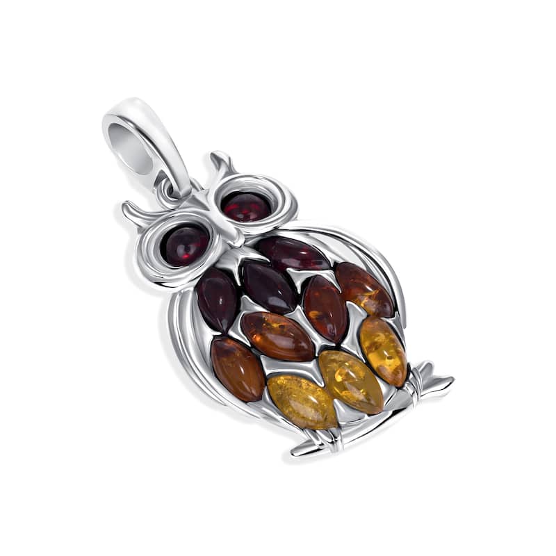 Baltic Amber Multicolor Owl Pendant Necklace in Sterling Silver