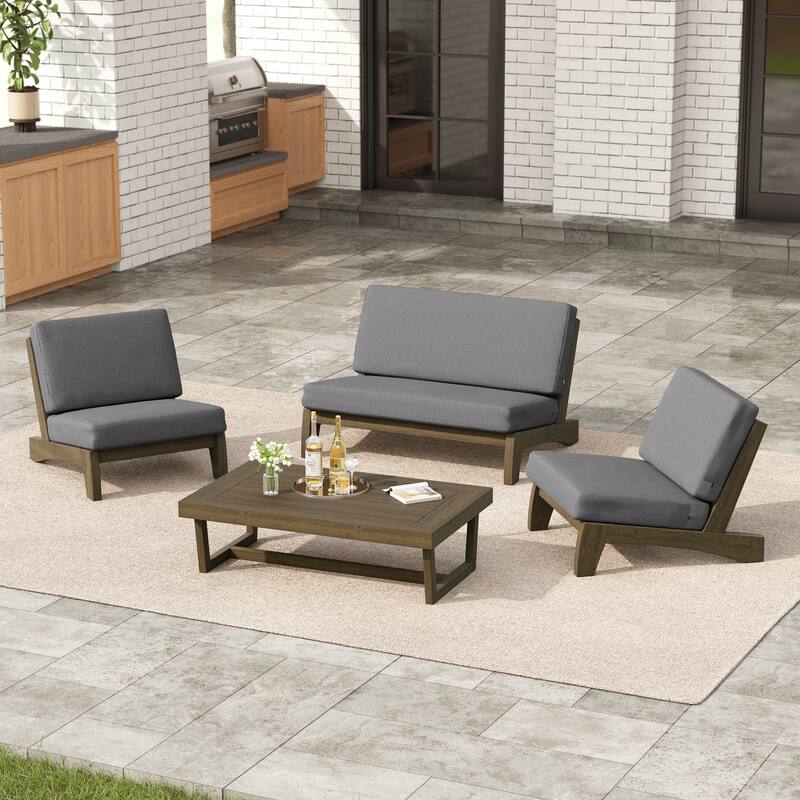 4 Set Outdoor Patio Teak Wood Club Chairs Loveseat with Coffee Table